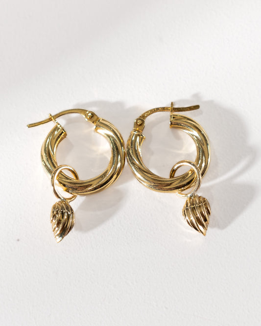 Gold Ribbed Charm Hoop Earrings - Small