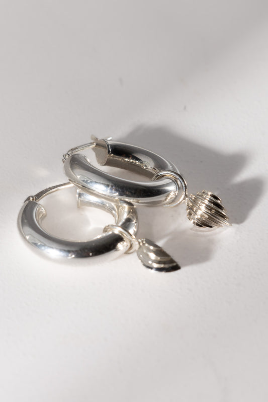 Silver Scallop Charm Hoop Earrings