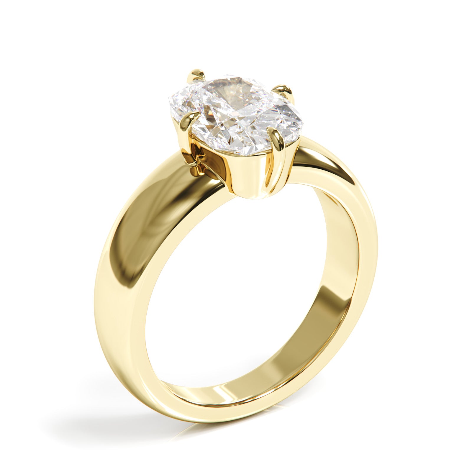 Gold ring with a large diamond on a white background