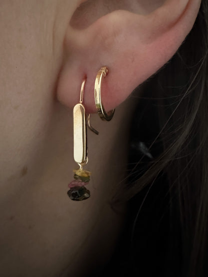 tourmaline earring and small gold hoop earring 