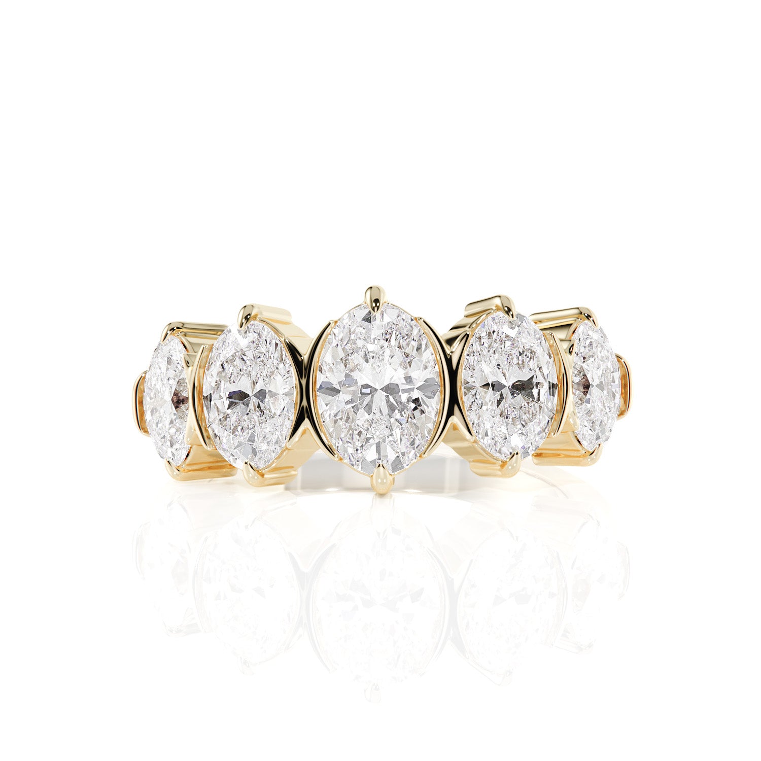 Gold ring with five oval-shaped diamonds on a white background