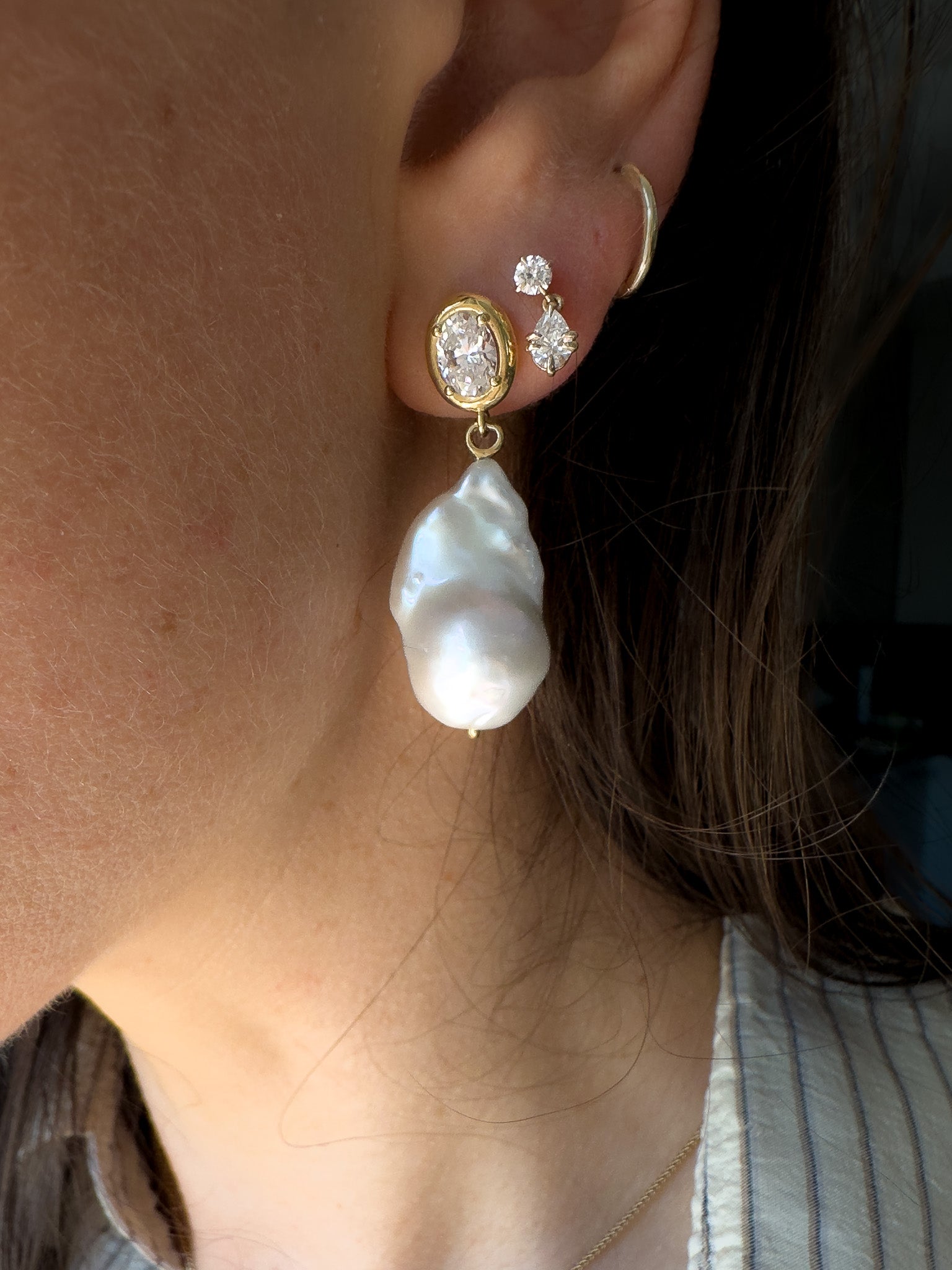 diamond and  Baroque bridal pearl earrings