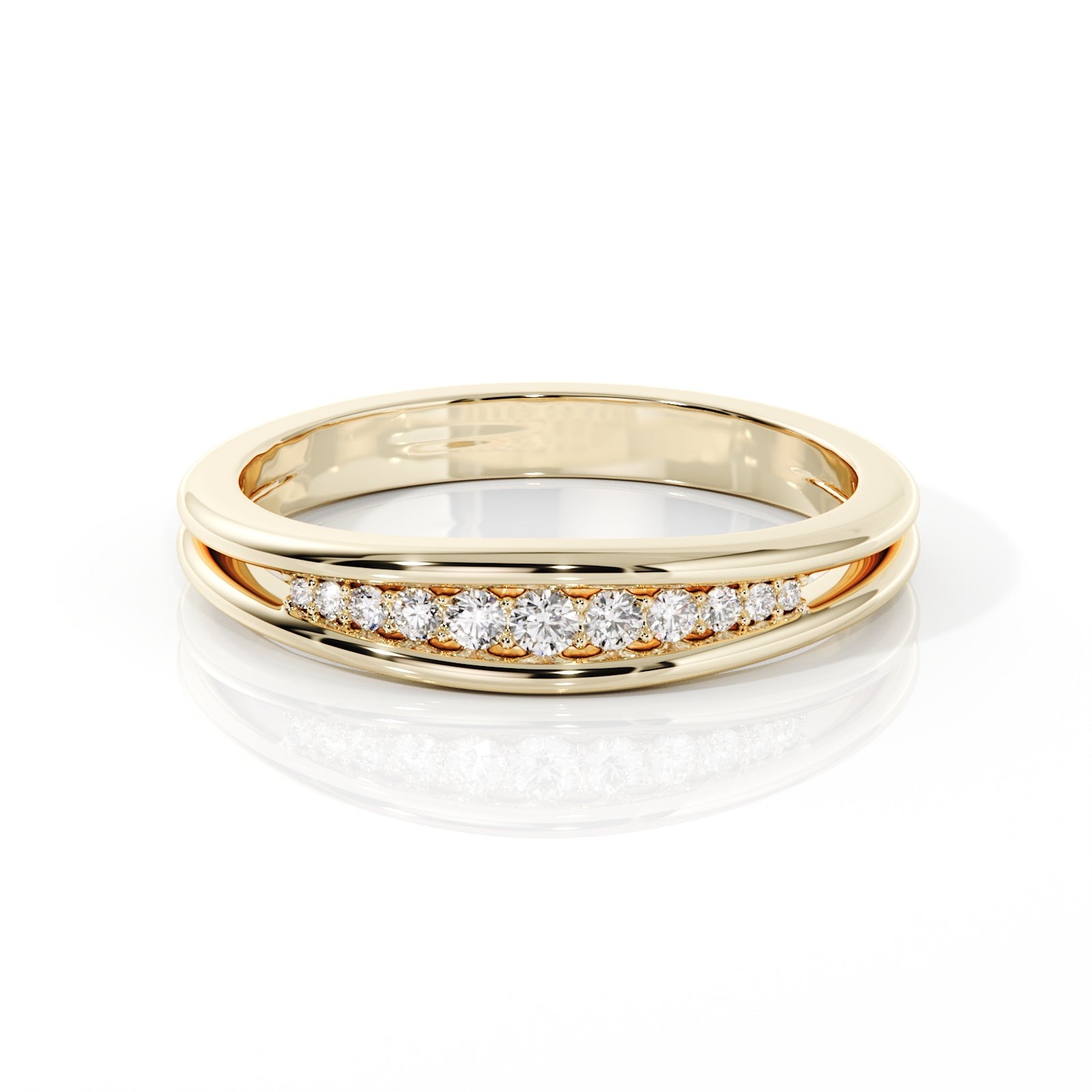 A yellow gold eternity ring featuring a channel-set row of round diamonds on a polished band, displayed on a clean white background with a soft reflection.