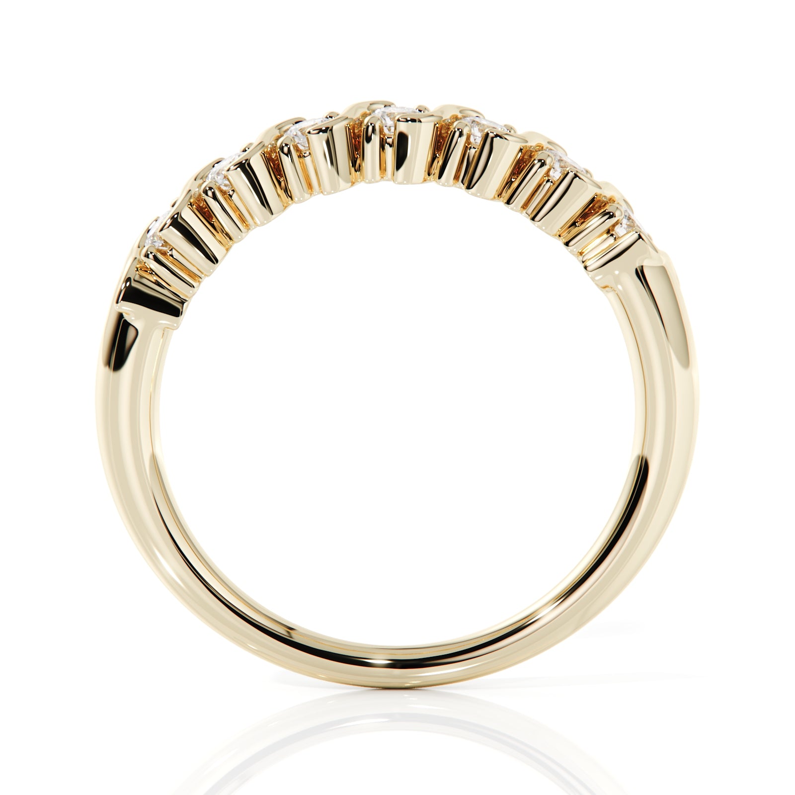 Gold ring with round-cut diamonds on a white background