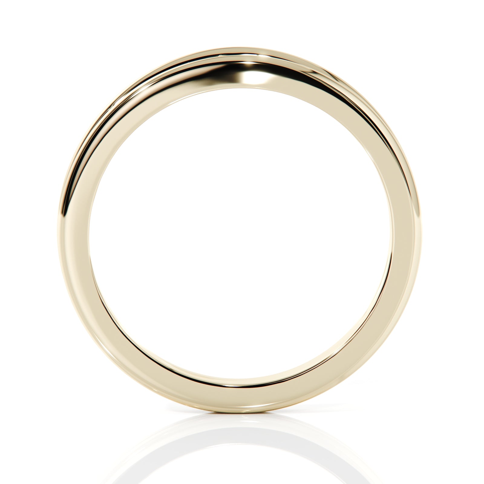 A polished yellow gold band ring with a smooth, rounded profile, shown on a clean white background with a soft reflection below.