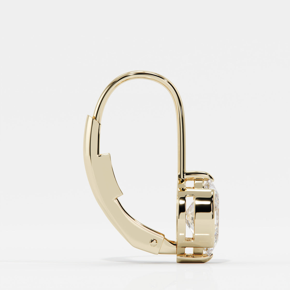 A single gold leverback earring with a clear rectangular gemstone, shown in a side profile view against a clean white background.